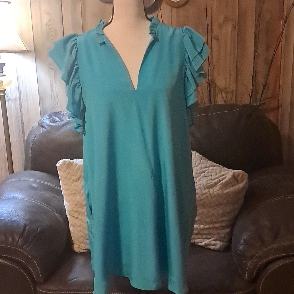 Lavender Brown Teal Silk Dress Aline Size M Ruffle Cap Sleeves Lined V Neck